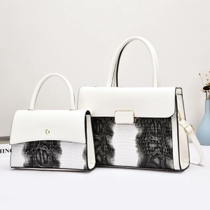 Close-up of white and black python-embossed faux leather handbag set with gold hardware