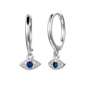 Boucles d'oreilles créoles mauvais œil en argent S925 avec pierres bleues et blanches