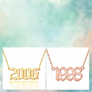 Custom year necklace available in gold and rose gold finishes with various chain lengths