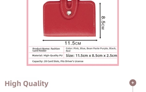 Detailed view of red PU leather card holder showing dimensions 11.5x8.5x2.5cm with 28 slots