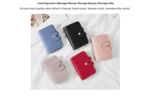 Flat lay of multi-color leather card holders with 28 slots and snap button closure