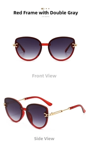 Detail of red cat-eye sunglasses with gradient grey lenses and hollow metal temples