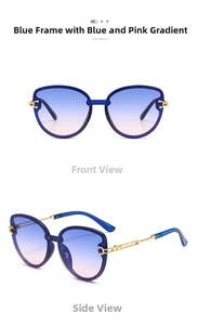 Blue frame cat eye sunglasses with blue-pink gradient lenses and gold chain arms