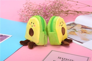 Detailed view of an avocado-shaped plush coin purse with zipper and silver bead chain