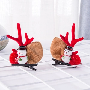 Cute Christmas reindeer antler hair clips with white snowman and red pompom for girls