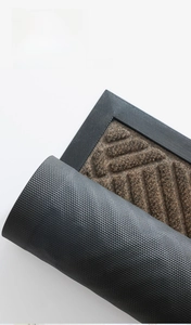 Close-up of anti-slip rubber backing and striped fiber surface of the outdoor doormat