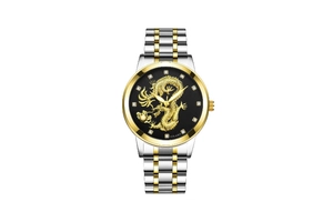 Detailed view of the gold dragon relief and zircon markers on a dual-tone steel watch
