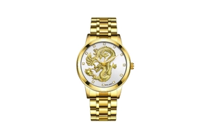 Detailed close-up of the golden embossed dragon and crystal markers on the YOLAKO dial