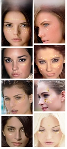Various female models wearing metallic gold freckle and star temporary face tattoos for parties