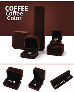 Detail of coffee brown velvet jewelry boxes for rings, necklaces and bracelets
