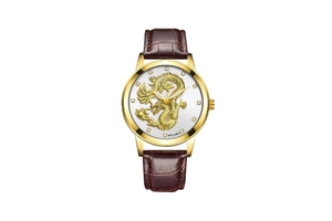Detailed close-up of golden dragon relief dial with sparkling diamond hour markers