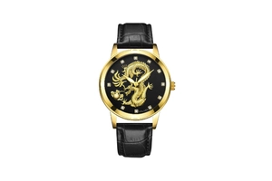 Detailed view of YOLAKO men's watch featuring a gold dragon relief and diamond markers