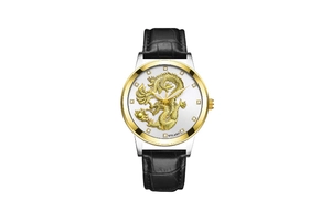 Macro detail of YOLAKO watch showing gold dragon relief and diamond hour markers