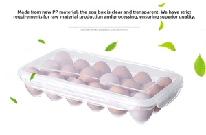 Close-up of clear 15-grid plastic egg storage box with secure lid for kitchen fridge