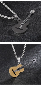 Close-up of hip-hop guitar pendant necklaces in black and gold stainless steel finishes
