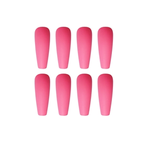 Set of 8 solid pink long coffin press-on nails arranged neatly on a white background