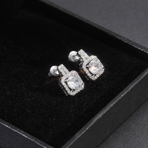 Exquisite square stud earrings with clear zircon center and pavé halo in silver finish