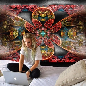 Detailed view of square ethnic tapestry with futuristic fractal art hanging in bedroom