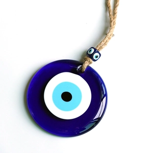 Turkish Blue Glass Evil Eye Wall Hanging Decor with Hemp Rope for Home and Office