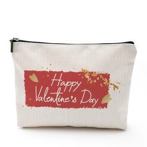 Waterproof beige canvas Valentine's Day makeup bag with red glitter heart design