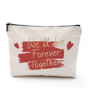 Waterproof cotton linen makeup bag with Forever Together print and red hearts