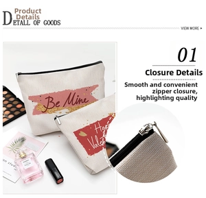Detailed view of the durable black zipper on a Valentine themed cotton linen makeup bag
