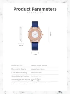 Detailed size chart for rhinestone fashion watch with blue leather strap and rose gold case