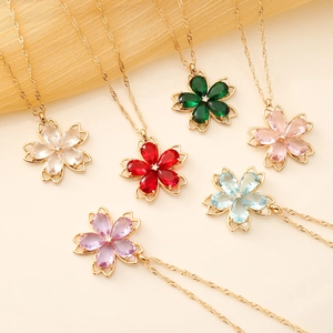 Cherry Blossom Flower Pendant Necklace Colorful Crystal Copper Fashion Jewelry For Women Elegant