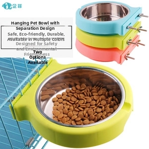 Close-up of hanging pet bowl with stainless steel liner and screw-on cage mount