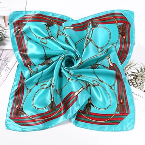 Equestrian print satin square scarf with horsebit motif and stripes on white background