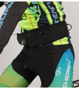 Close-up of running belt featuring a secure water bottle holder and zipper phone pocket