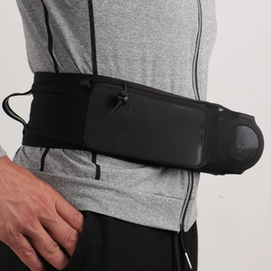 Black high-capacity sports waist bag with phone touchscreen window and mesh side pocket
