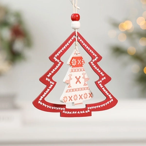 Nordic wooden Christmas tree pendant with reindeer pattern in red and white festive design