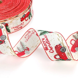 Christmas burlap ribbon with red truck and green tree pattern for holiday gift wrapping