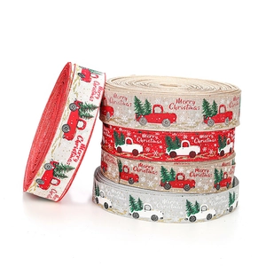 Christmas Ribbon Burlap Fabric Decorative Ribbon With Red Truck Christmas Tree Patterns For Holiday DIY Crafts Gift Wrapping