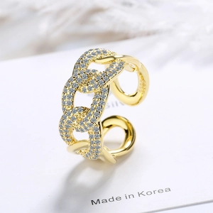 Elegant 925 sterling silver gold chain ring with micro-pave white cubic zirconia stones