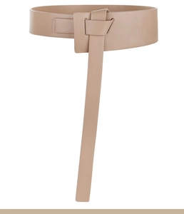 Detail of a wide beige leather waist belt with unique knot closure for dresses