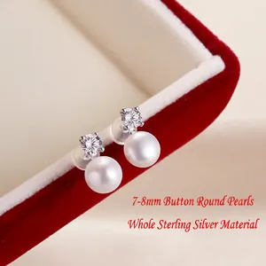 Elegance S925 sterling silver 7-8mm button pearl earrings with zircon on red velvet box