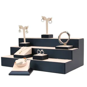 Jewelry Display Stand Navy Blue Brushed PU Leather Earring Ring Pendant Bracelet Organizer Counter Rack