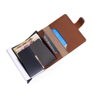 Detail view of brown PU leather wallet with RFID blocking silver metal card ejector