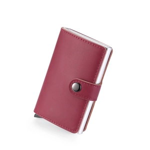 Detail view of burgundy PU leather automatic card holder wallet with pop-up aluminum case