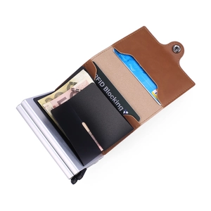 Detail view of brown PU leather RFID blocking wallet with aluminum card case interior