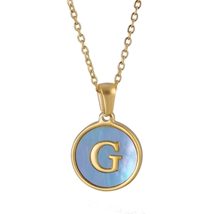 18K gold plated stainless steel necklace with blue shell round initial G pendant