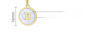 Detail showing 16mm gold-plated stainless steel pendant with blue shell and letter B