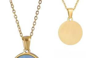 Detail of 18K gold stainless steel pendant showing blue shell front and smooth back