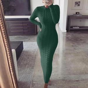 Detailed cable knit pattern on dark green long-sleeve slim fit maxi dress