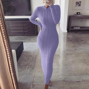 Detail view of the purple cable knit texture and slim fit design on a long sleeve dress