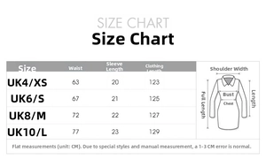 Tabella taglie dettagliata per abito da sera bianco con misure di vita, maniche e lunghezza