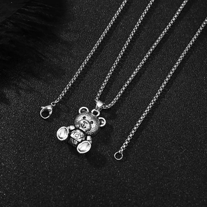 Silver bear pendant necklace in stainless steel with TOY engraving for women