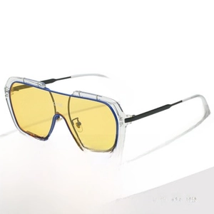 Detail of Y2K rimless square sunglasses with yellow lenses and blue gradient accents